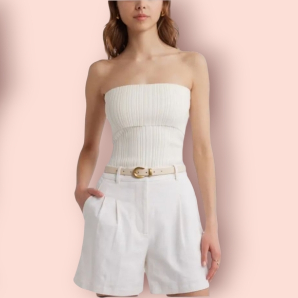 Open Edit Tops - Open Edit Knit Strapless Rib Tube Top In Ivory Cloud
